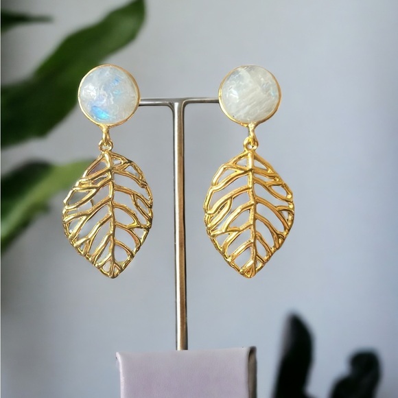Jewelry - Moonstone Gold Leaf Earrings